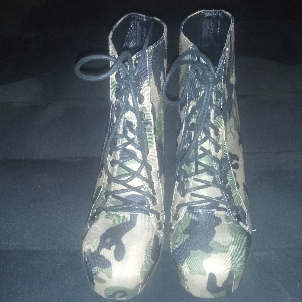 Camo high heel booties